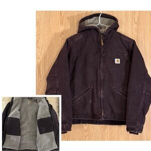 Carhartt Dark Purple Duck Canvas Sherpa Lined Waterproof Hooded Work Jacket